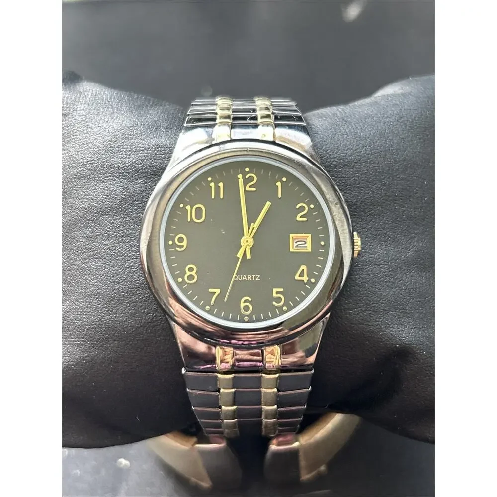 Black And Gold Tone Stretch Band Quartz Watch